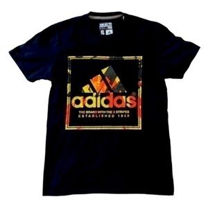 ADIDAS | ADIDAS BLACK ORANGE GRAPHIC LOGO SHIRT, SIZE SMALL